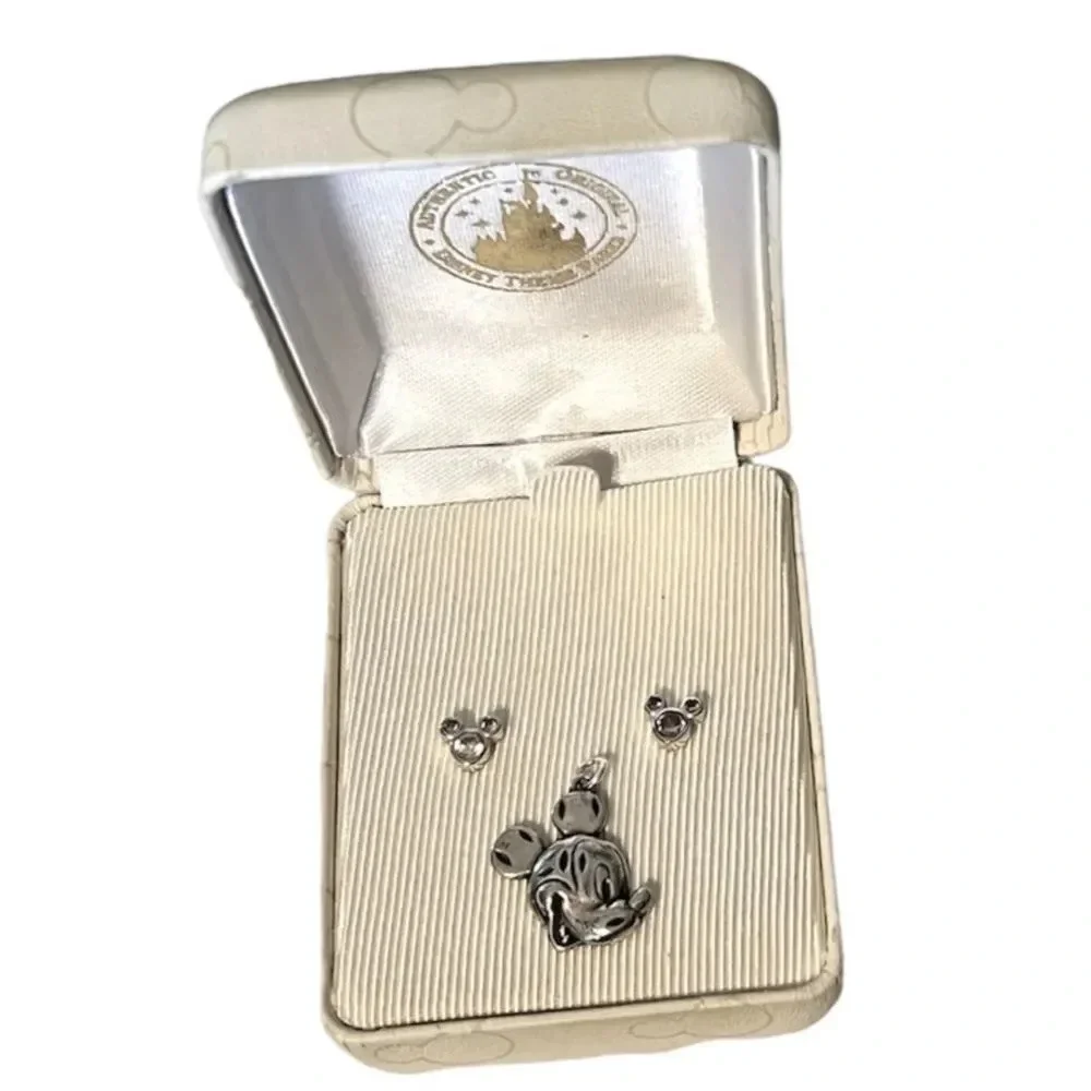 Disney Sterling Silver Vintage Jewelry Pendant Earrings Rhinestone Mickey Mouse - Picture 2 of 7